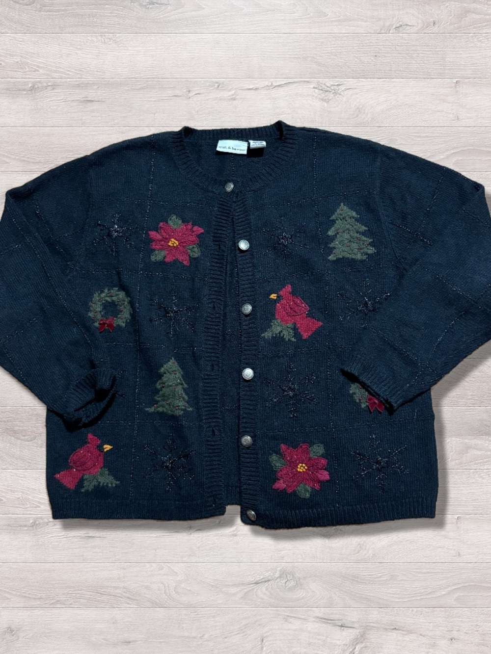 Croft & Barrow Embroidered Cardinal Tree Wreath Black Sweater L Holiday Granny
